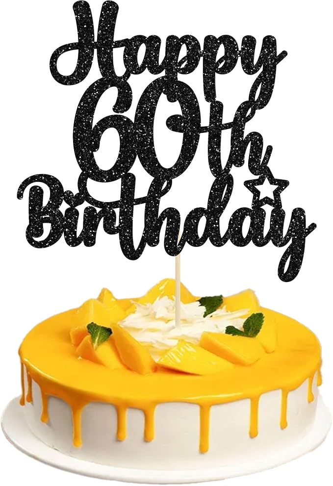 Gyufise 1 Pc Happy 60th Birthday Cake Topper, Black, Cheers to 60 Years Old, 60th Birthday Cake Pick, Non-Edible, 5.5" x 9.1"