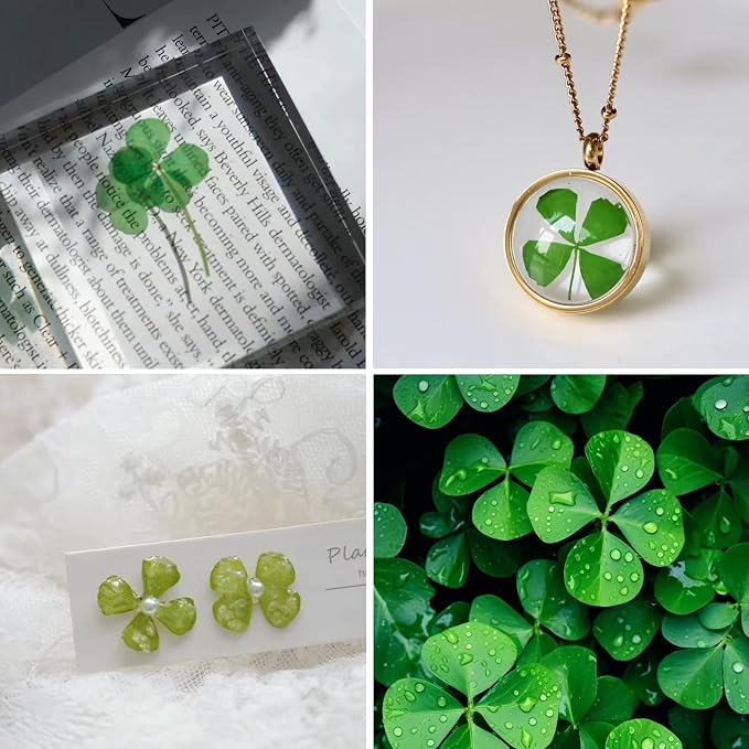 48 Pcs Mix Natural Dried Pressed 4 Leaf Clover for St Patricks Day Cake Decorating, Real Dry Flower for Lucky Jewelry Making (Four Leaf Clover)