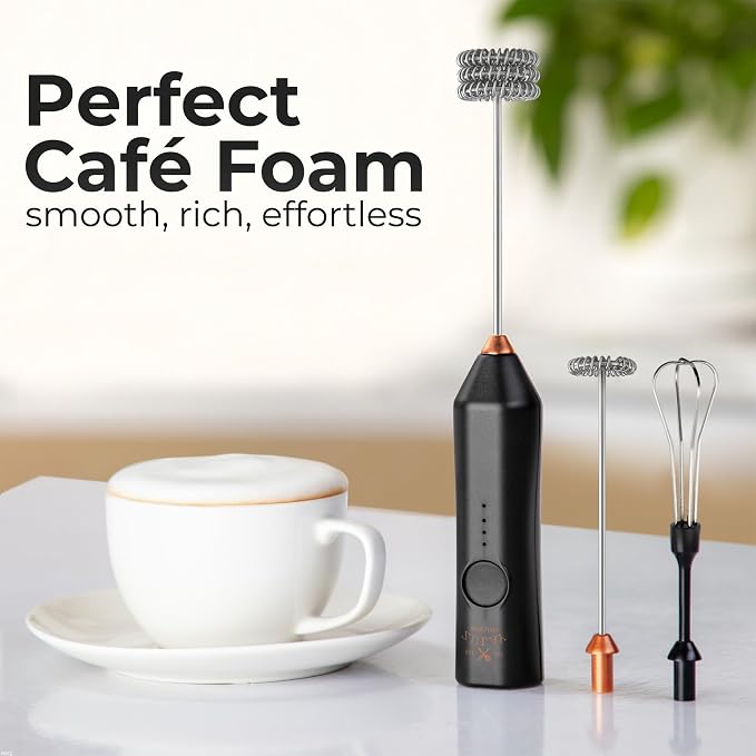 Zulay Kitchen Rechargeable Milk Frother Handheld - Frother Wand, Drink Mixer, Electric Whisk Frother, for Cappuccinos, Matcha & Protein Powder - Dynamic 3 Whisk, 3 Speed 500mAh Black Copper
