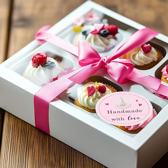Pink Bakery Use Baked with Love Stickers, 1.5 inch 500 PCS, Heart & Letter Print, Waterproof, Matte Finish, Traditional & Vintage Style, Perfect for Baked Goods, Small Businesses