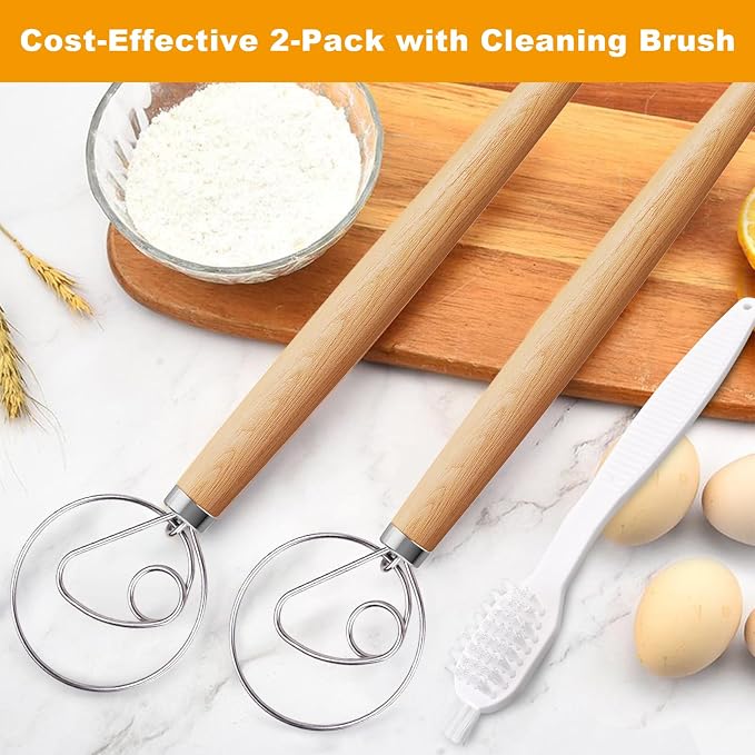 Aqdocvf 2-Pack Danish Dough Whisk, 13-Inch Dutch Whisk with Stainless Steel Ring, Dutch Bread Whisks for Sourdough, Pizza, Pastry, and Cookies, Essential Kitchen Cooking Safe Mixing Tool