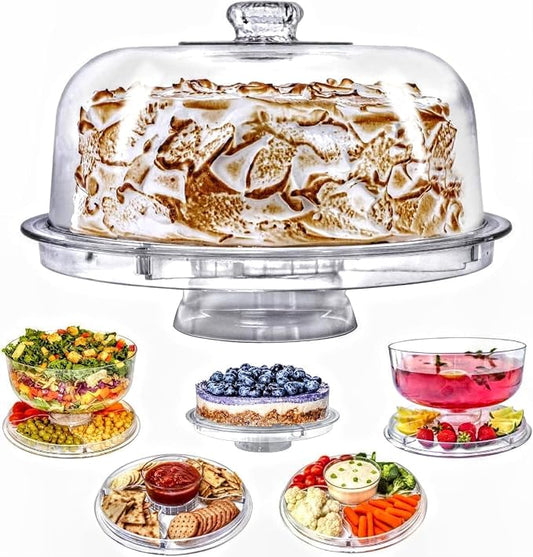 Cake Stand with Dome Cover, 6-in-1 Multi-Purpose Use, Cake Stand with Lid, Serving Platter, Punch Bowl, Desert Platter and More, BPA Free - Case of 6