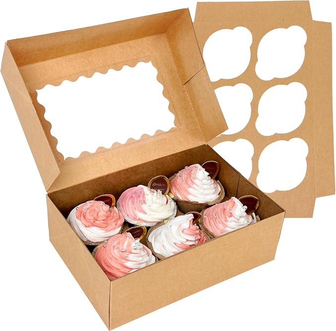 Bakepacker Auto-pop up 6 Cupcake Boxes with Window 20 Count Brown Box 9.4 x 6.1 x 3 inch Cupcake Carrier