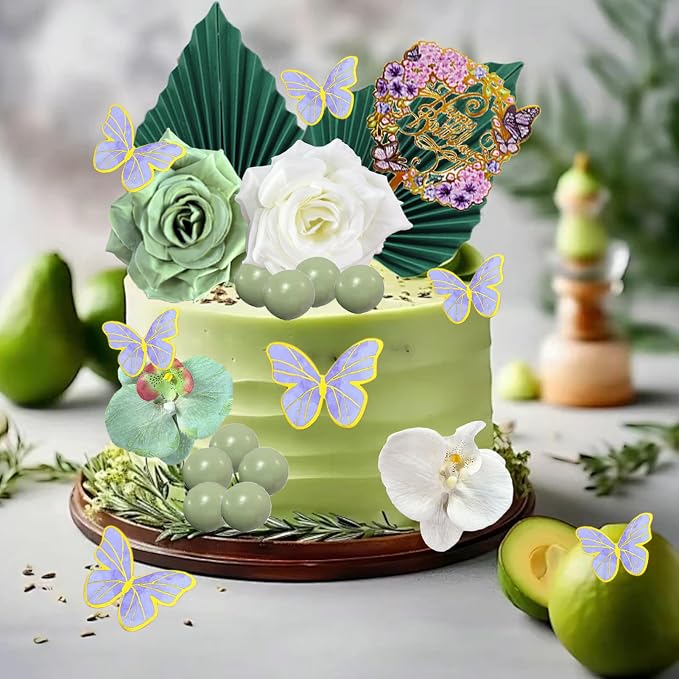 27 PCS Flower Cake Decorations Green Cake Decorations Boho Butterfly Cake Toppers with Rose Artifical Flowers Palm Leaves Balls Happy Birthday Cake Topper for Birthday Party Wedding Baby Shower