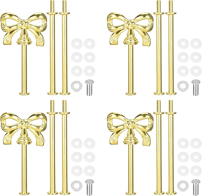uxcell 4 Set 3-Tier Cupcake Stand Hardware Handles, Zinc alloy Cake Plate Stand Handle Fittings with Screws for DIY Making Fruit Plate Cake Stand, Bow-Knot Gold