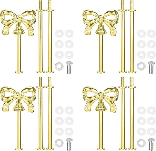 uxcell 4 Set 3-Tier Cupcake Stand Hardware Handles, Zinc alloy Cake Plate Stand Handle Fittings with Screws for DIY Making Fruit Plate Cake Stand, Bow-Knot Gold