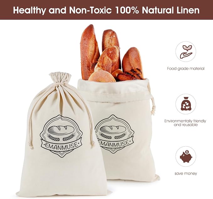 2 Pack Linen Bread Bags for Sourdough, Homemade Bread, TPU Lined | 2 pack linen bread bags with TPU lining, 12 x 17.5 in, for sourdough, loaves, rolls, bagels, reusable