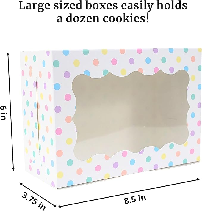 Perfect Occasion Polka Dot Cookie Boxes - 12 Pack - Pastel Polka Dot Cookie Boxes with Window - for Easter, Birthdays, Cupcakes, Pastries - Large Size Easily Fits a Dozen Cookies - 12 pcs