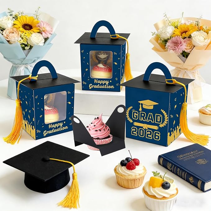 Graduation Cupcake Boxes Individual Cupcake Container Grad Cupcake Gift Boxes with Window for 2026 College Grad Party Bakery Wrapping (Blue-30pc)