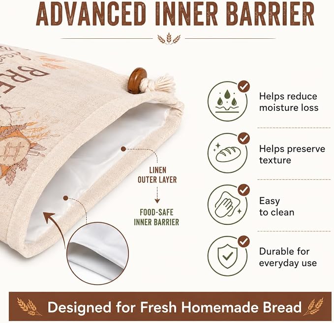 3 Pack Bread Bags for Homemade Bread – Reusable Linen Bread Storage Bags with Food-Safe Inner Lining, Keeps Bread Fresh Longer, Large 17 x 13 Inch Sourdough Bread Bags, Washable, Gift Box Included