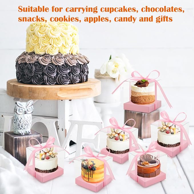12 Pack Clear Plastic Cupcake Boxes, 3.5 Inch Gold Single Cupcake Containers Disposable Individual Cup Cake Carrier Holder Boxes with Inserts and Ribbon (Pink)