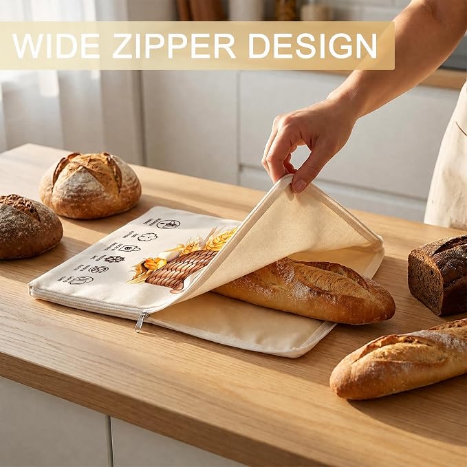 Reusable Bread Bags for Homemade Bread 2 Pack, L-shaped Zipper Beeswax Bread Bag for Easy Access, Keeps Bread Fresh Longer, Freezer Safe Breathable Cotton Beeswax Bread Bags for Sourdough