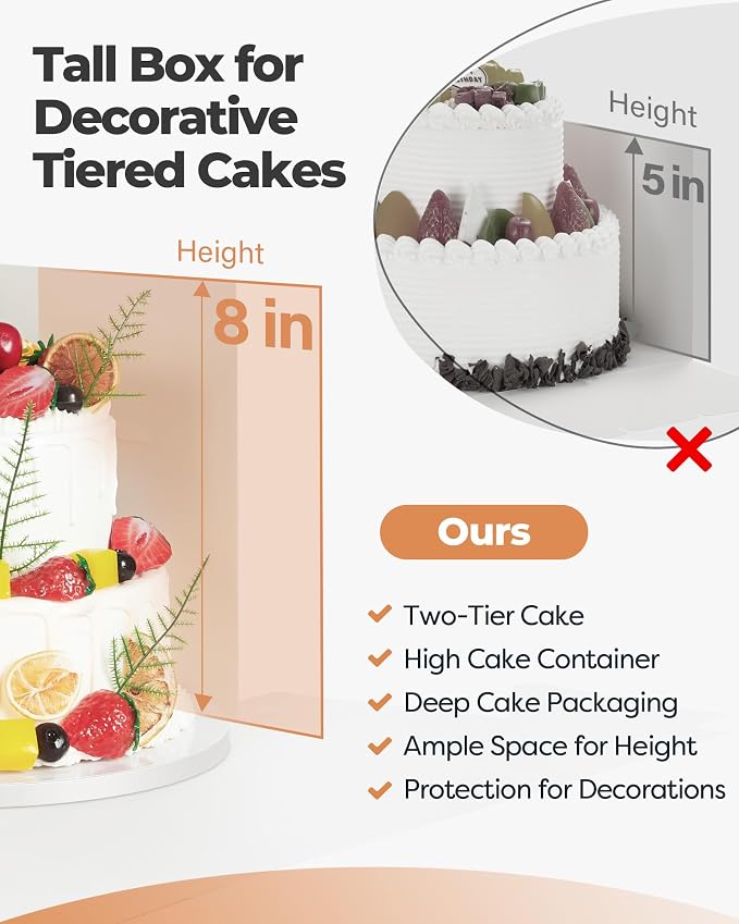 Kootek Cake Box with Board Drum, 8x8x8 Inches Tall Bakery Box with Window, Disposable Cake Container with Lid for Cake, Treat Cookie Dessert, Pastry, Birthday Party, Weddings