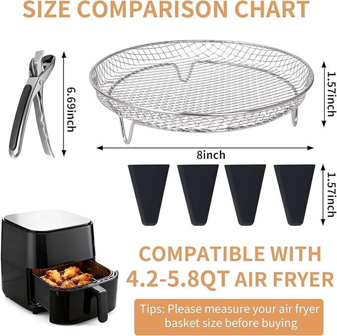 8 Inch Stackable Air Fryer Rack, Stainless Steel Cooling & Cooking Rack with Silicone Feet, Fits 4.2QT-5.8QT Air Fryers for Multi-Layer Cooking