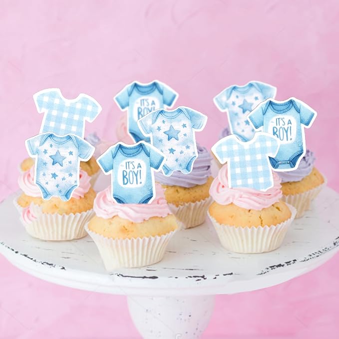 60 PCS Edible Bodysuit Cupcake Toppers Wafer Paper It's a Boy Cupcake Picks Edible Blue Gingham Theme Party Decorations for Boys Birthday Gender Reveal Baby Shower Party Cake Decorations Supplies