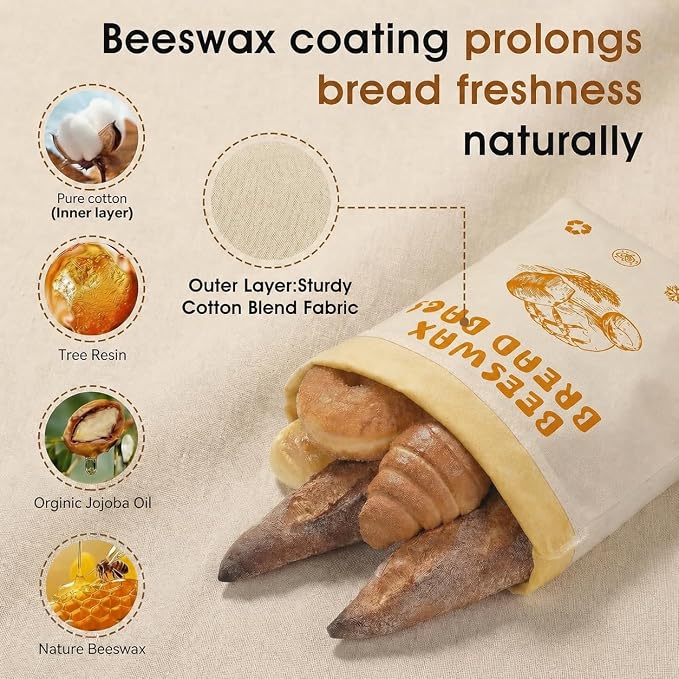 2-Pack Extra Large Beeswax Bread Bags with Zipper Seal – Reusable Bread Storage Bags, Eco-Friendly Natural Beeswax Lining, to Keep Homemade Bread Fresh for Sourdough & Artisan Loaves (yellow)