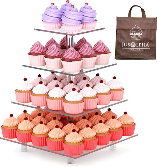 Jusalpha Large 4 Tier Cupcake Stand Square Acrylic Cupcake Tower Stand for Dessert, Pastry, Serving Platter-Candy Bar Party Décor and Supply(with Rod Feet) (4SF-V2)