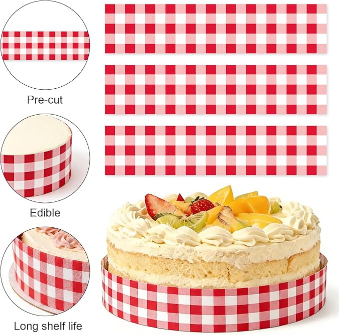 3pcs Red White Checkered Edible Cake Borders, 28x6.2cm/11x2.44in Strip Birthday Cakes Side Image Trim Decorations Pre-Cut Rice Paper Edible Cake Wrap Print for Parties Decor