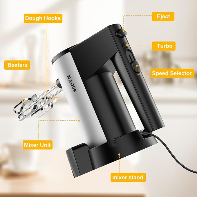 Electric Hand Mixer, 660W Kitchen Handheld Mixer 5 Speed Self Control Whisk 304 Stainless Steel One Click Eject Dishwasher Safe Mixer for Cream Cookies Dough（Black）