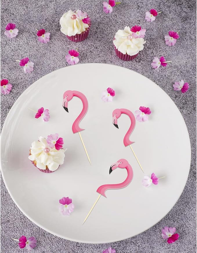 24Pcs Flamingo Cupcake Toppers, Tropical Cupcake Toppers Aloha Cake Decorations for Luau Hawaiian Theme Baby Shower Flamingo Birthday Party Supplies