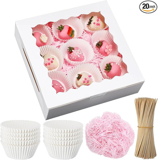 20 Pack Mother's Day Chocolate Covered Strawberry Boxes with Window 9 x 9 x 2.5 Inches Cookie Bakery Bulk White Macarons Treat Gift Boxes for Muffins Dessert Party Favors