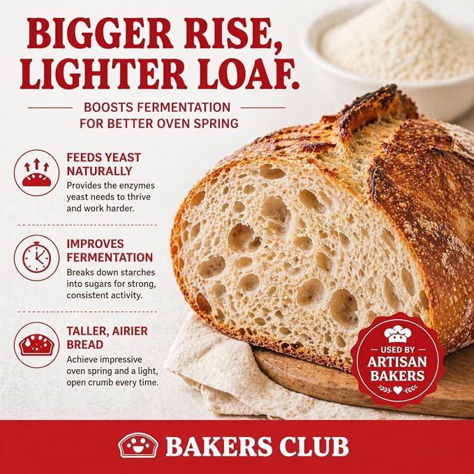 Bakers Club Artisan Diastatic Malt Powder 10oz - Enhance Flavor, Crust, Rise, Texture - Baking Bread, Pizza Crust, Pretzels, Desserts, Muffins, Bagels, Sourdough, Milkshakes - Made in USA, Malted Barley Flour 10oz