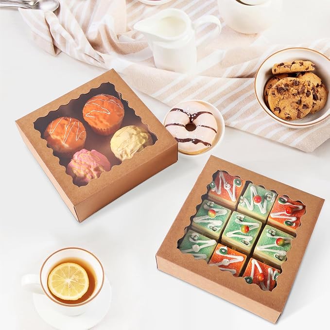 36 pcs 10x10x2.5 Inches Cake Box with Window, Bakery Pastry Cookie Boxes, Mini Pie for Pastry,Dessert,Strawberries,Chocolates (Brown, 10x10x2.5 Inch/36pcs)