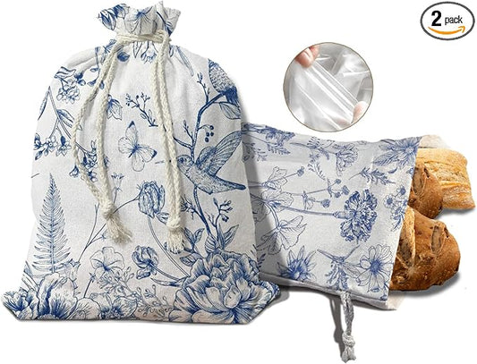 UTELKA Blue Linen Bread Bag for Sourdough Bread 2Pcs 16.5x12 | Chinoiserie Homemade Bread Bag, Baker Gifts, Reusable Linen Bag, Beeswax, Housewarming Gifts, Sourdough Bread Bag