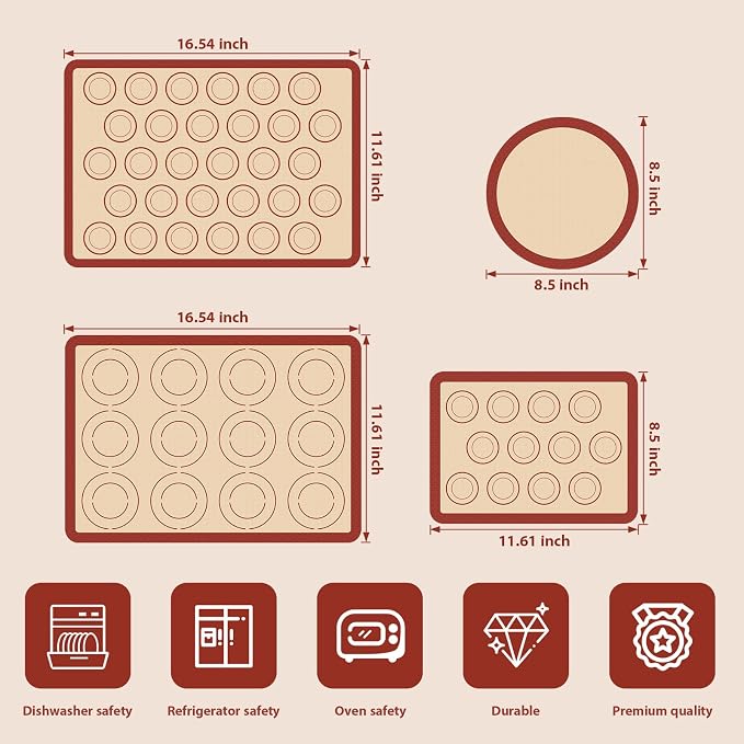 Silicone Baking Mat Set of 4, Macaron Silicone Baking Mat for Baking Sheets, Non-Stick & Reusable Silicone Mats for Baking Macarons, Cookies, Pastries, Pizza