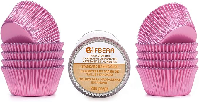 Gifbera Standard Pink Foil Cupcake Liners for Baking 200 Count - Metallic Greaseproof Cupcake Wrappers Muffin Cups, Heavy Duty, Non-Stick, Easy to Peel