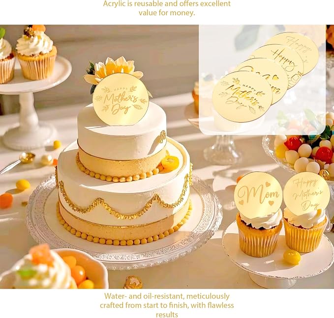20pcs Gold Happy Mothers Day Cupcake Toppers Mirror Acrylic Mom Cake Disc for Mothers Day Cake Decorations DIY Gift Flower Bouquet Decor