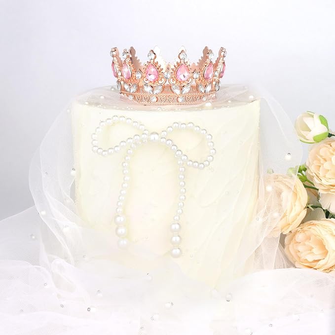 Crown Cake Topper Happy Birthday Cake Toppers Wedding Cake Toppers Mini Crowns for Flower Bouquets Party Decorations (Rose Gold Pink)
