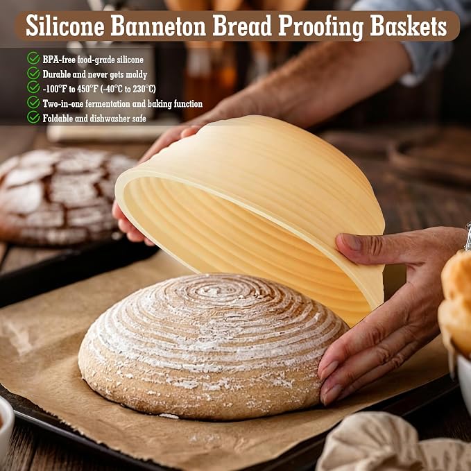 4PCS Silicone Banneton Bread Proofing Baskets, 9" Collapsible Round Sourdough Bread Baking Supplies, Non-Stick Dough Proofing Bowl Containers, Oven & Dishwasher Safe, BPA Free