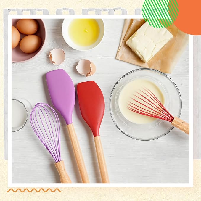 Funnymoom 24 Pcs Small Silicone Whisks and Spatulas with Wooden Handle for Cooking 10 Inch Mini Whisk Spatula Non Stick Kitchen Baking Essentials Cookware for Valentines Day Party Favor Gift Supplies