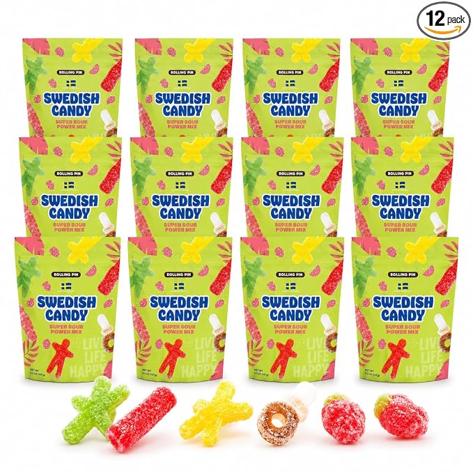 Rolling Pin Pack of 12 Super Sour Power Gummy Swedish Candy - 62.4 oz