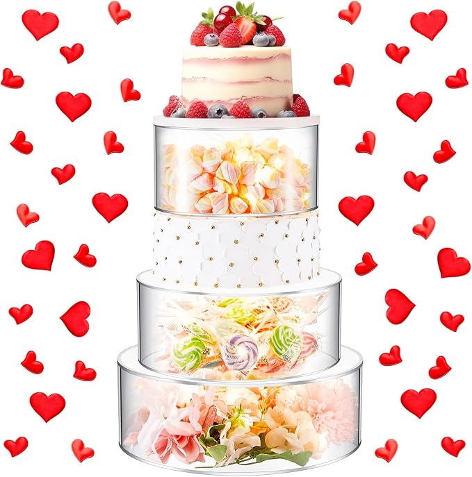 Sintuff 3 Pcs Acrylic Cake Stand with LED Lights 7‘’, 9‘’, 11‘’ Clear Fillable Cake Riser Round 3 Tier Case Box for Wedding Birthday Holiday Party Food Display, 3 Sizes