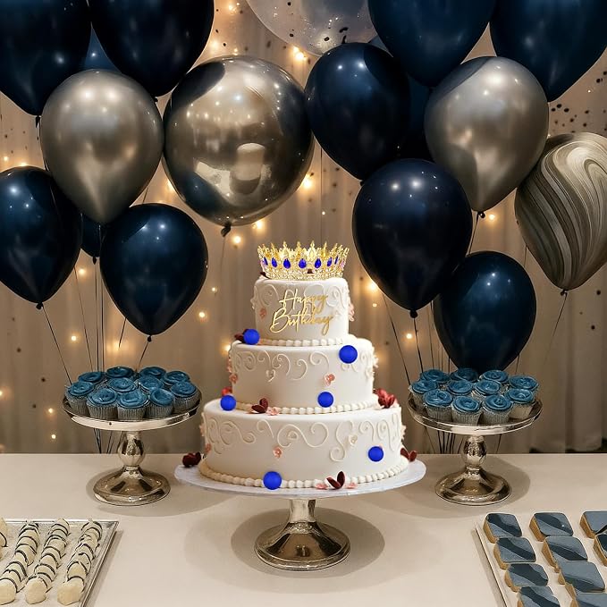 8 Pcs Gold and Blue Queen Crown Cake Topper for Women, Happy Birthday Cake Toppers Foam Balls Rhinestone Crystal Tiara Wedding Decoration for Princess Party Photo Props