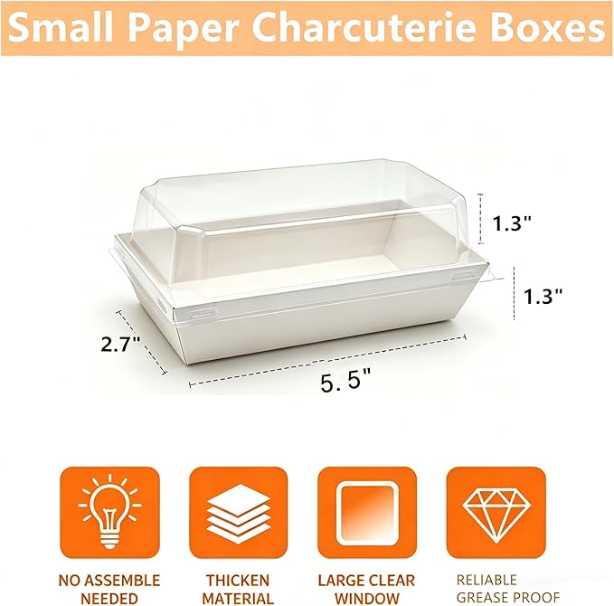 100 Pack Charcuterie Boxes with Clear Lids, White Mini Dessert Bakery Boxes, Empty To Go Food Containers with Stickers for 2 Cupcakes, Muffins, Cake Slice Sushi Strawberry, 5.5 x 2.7 Inches