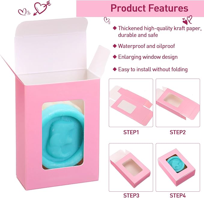 Zhanmai 100 Set Pink Small Soap Boxes for Homemade Soap, 3.35 x 2.36 x 1.2 Inch Paper Packaging Boxes with Window, with 100 Tag and Twine, Gift Wrapping Supplies for Bakery Candy Cookies Party Favors