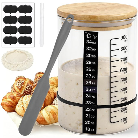 32oz Sourdough Starter Jar Kit with Wooden Lid Breathable Cloth Cover, Glass Fermentation Container with Silicone Spatula, Temperature Sticker Date Feeding Tape for Home Bread Baking