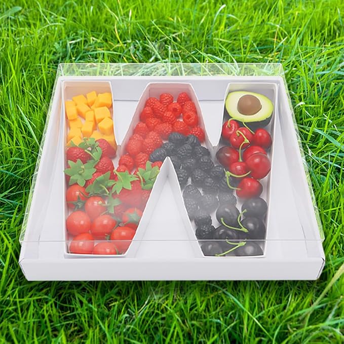 WENPACK 12.5" Cardboard Letter Shaped Charcuterie Mache Strawberries Fillable Sweet Box with Clear Lid (White, W)