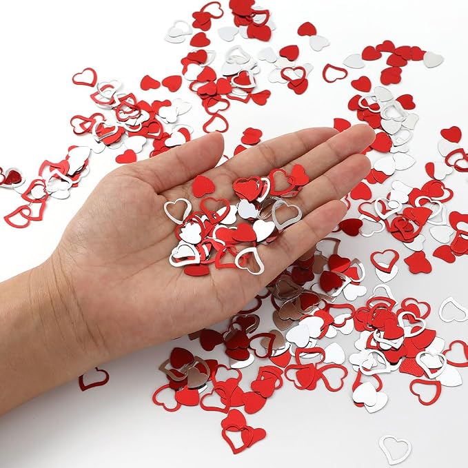 Heart Confetti, Valentines Day Heart Glitter Confetti Decorations, 50g Red Silver Metallic Foil Sequins Sprinkles Table Decorations for Valentine's Day Wedding Home Birthday Anniversary Party Supplies