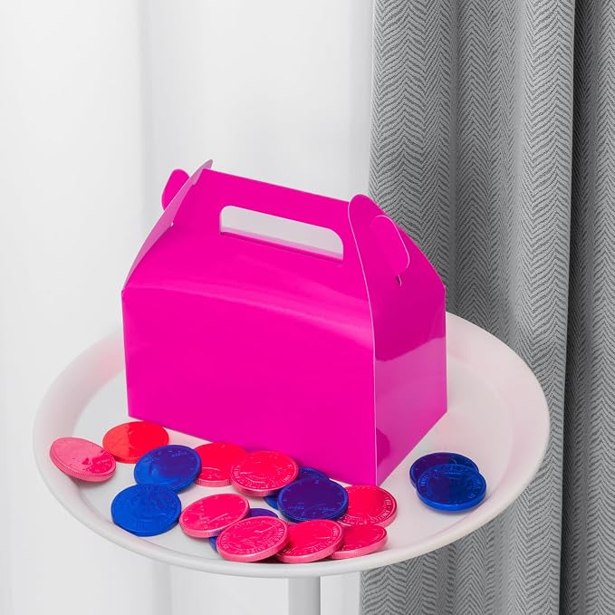 UnicoPak 30 Pack Hot Pink Party Favor Bag Boxes, Gable Gift Boxes with Handles for Candies, Treats, Goodies, Ideal for Girl Theme Birthday Party Bridal Shower Wedding Valentine's Day – 6.5x3.5x3.5 Inches
