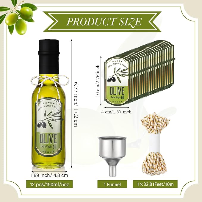 Reallnaive 12 Sets 5 oz Glass Olive Oil Bottles Empty Sauce Condiment Bottles with Tags and Twine and Funnel for Storing Homemade Olive Oil Christmas Wedding Baby Shower Gifts(Clear)