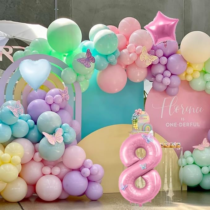 Pastel 8th Birthday Decorations for Girl,Macaron Rainbow 8th Party Decoration Colorful Balloons Banner Star Heart Number 8 Foil Balloon Cake Topper Butterfly Party Decorations 8 Year Old Decor