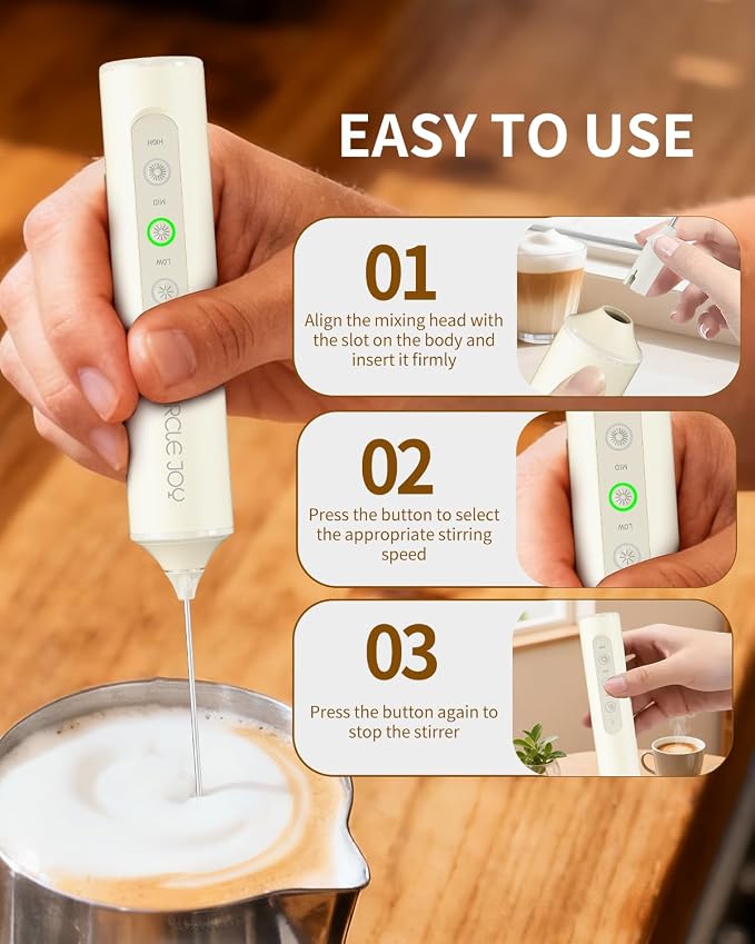 CIRCLE JOY Rechargeable Handheld Milk Frother Wand with 3 Variable Speeds, 3 Whisks and Storage Box, Electric Drink Mixer for Latte, Cappuccino, Hot Chocolate, Eggs and Protein Powder, Beige