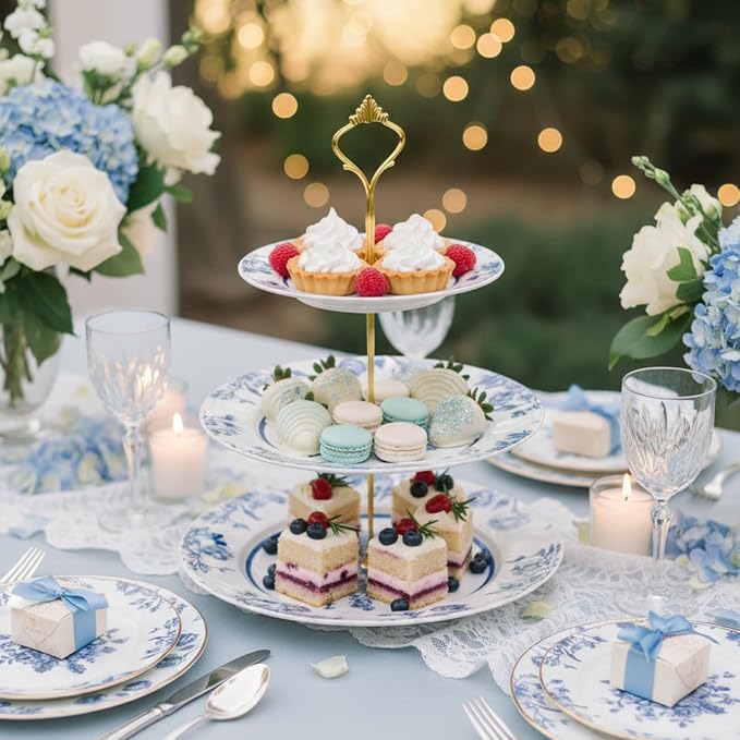 Lallisa Blue Floral 3 Tier Dessert Stand 10", 9" and 7" Ceramic Vintage Chinoiserie Tea Party Tiered Tray Cake Stand Display Holder Tower for Something Blue Before I Do Bridal Shower Decorations