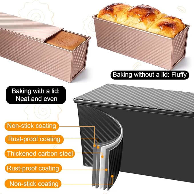 2 Pack Pullman Loaf Pan with Lid and a Silicone Spatula and Basting Pastry Brush, 2.2 LB & 1 LB Dough Capacity, Non-Stick Carbon Steel Bread Pans, Corrugated Toast Mold for Bakeware Toast Oven Baking