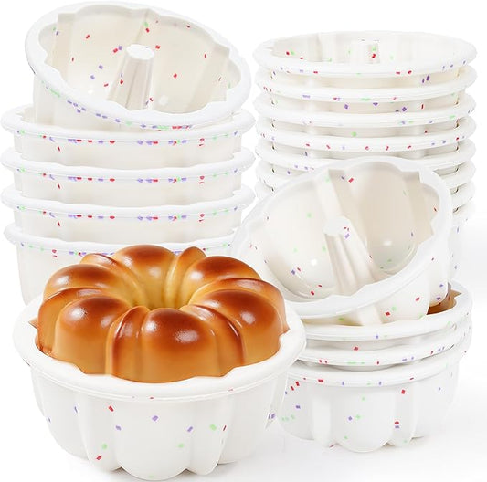 4 Inch Silicone Mini Fluted Tube Cake Pans with Metal Frame, 18 Pcs Nonstick Mini Flan Molds for Baking, BPA Free – Individual Reusable Jello Mold for Small Business or Home Baker(Cream)
