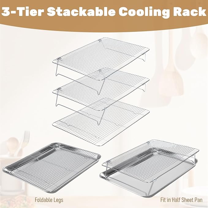 Stainless Steel Stackable Cooling Rack for Baking, 3-Tier Cooling Rack Set, Stackable Heavy Duty Stainless Steel Wire Racks, for Baking Cooking Grilling, Oven & Dishwasher Safe, 12”x 16.5”, Silver